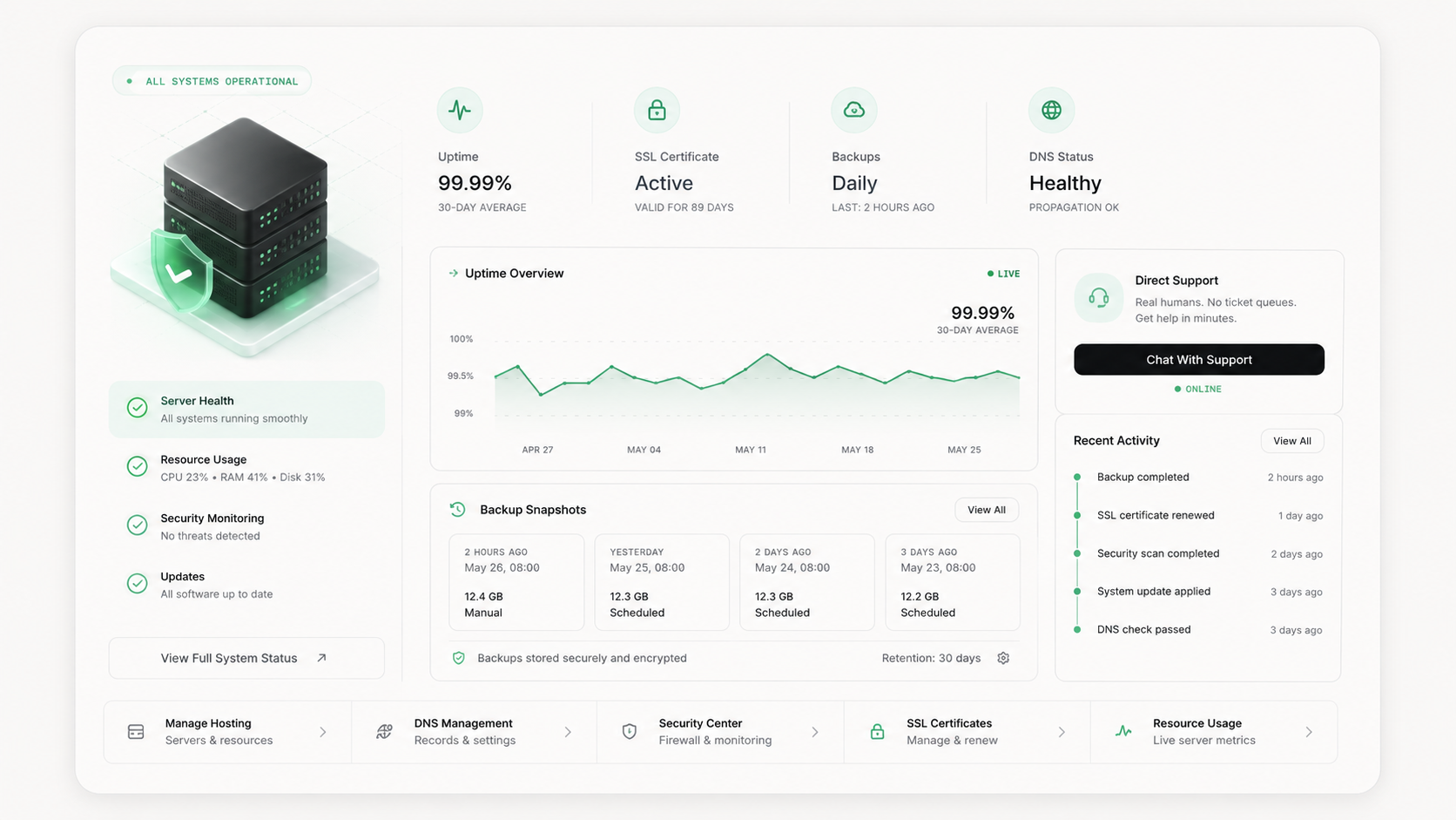 Managed hosting dashboard with uptime, SSL, backups, and DNS status