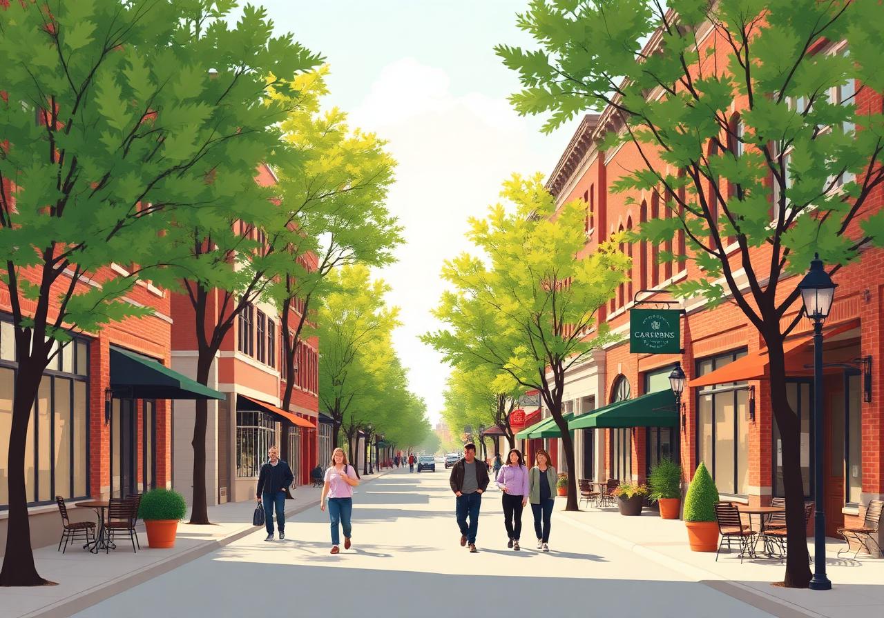 Lively Ames Main Street with historic storefronts and college-town energy