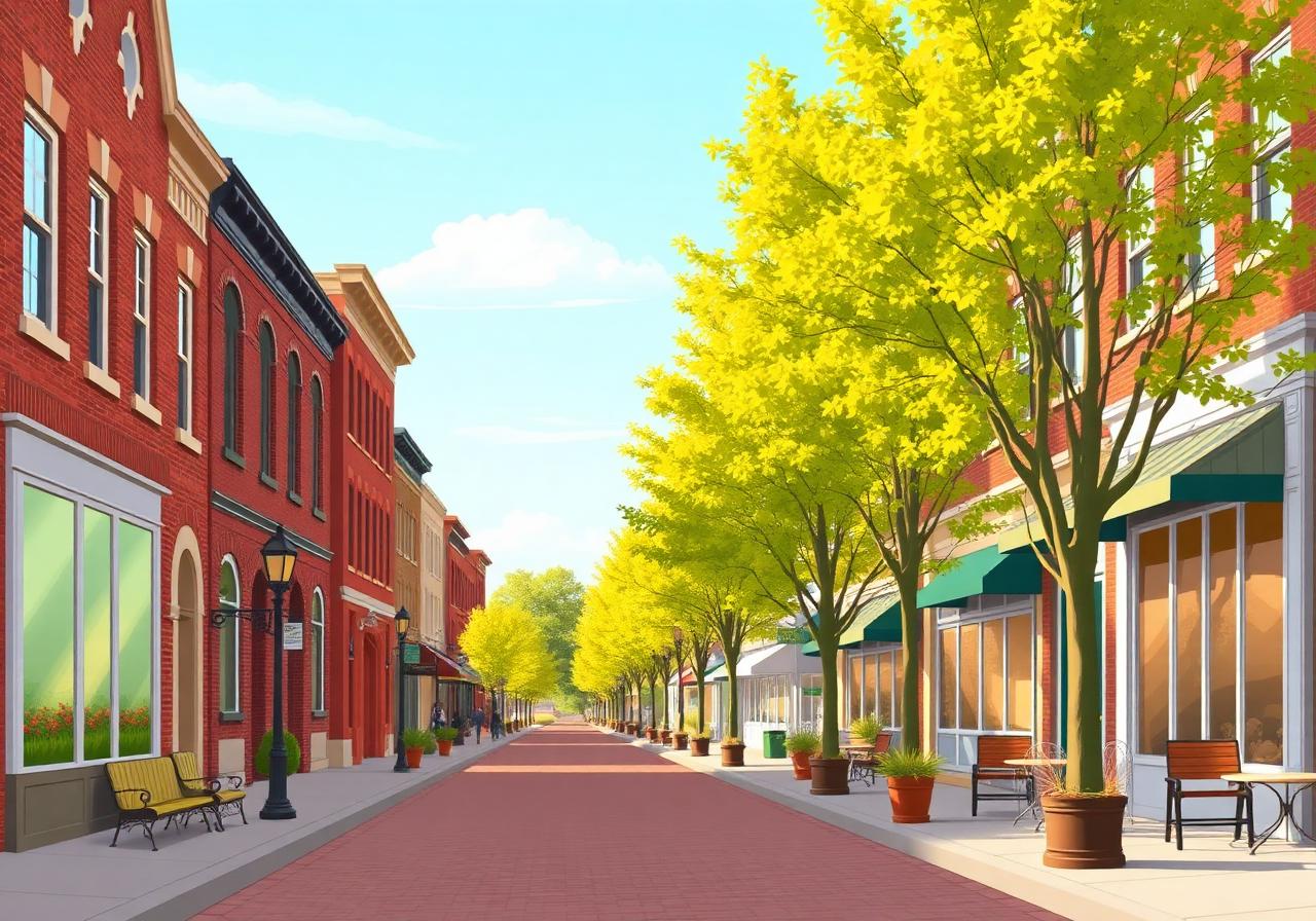 Charming Burlington main street with historic brick buildings and leafy trees