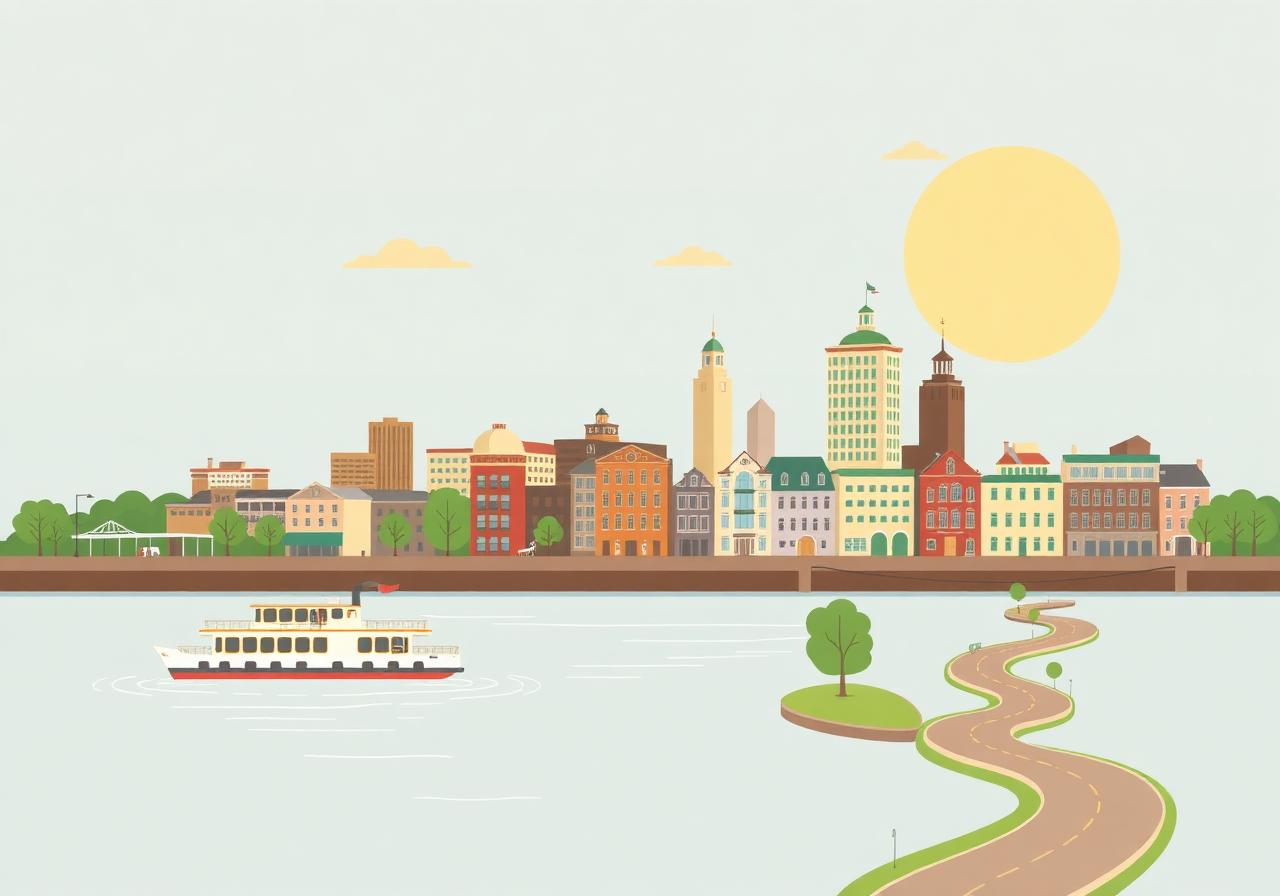 Small Iowa river town skyline along the Mississippi with riverboat and downtown buildings