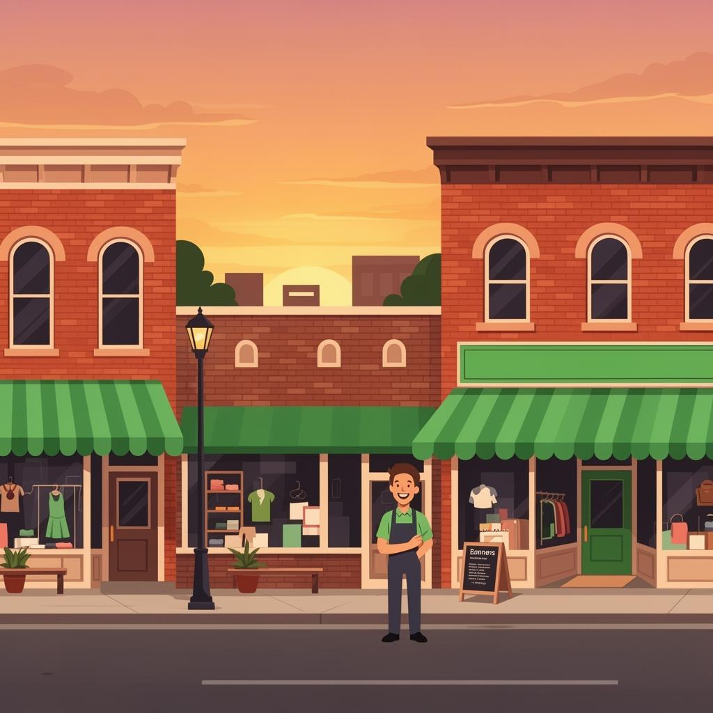 Charming Cedar Rapids local business storefront on a brick main street at sunset
