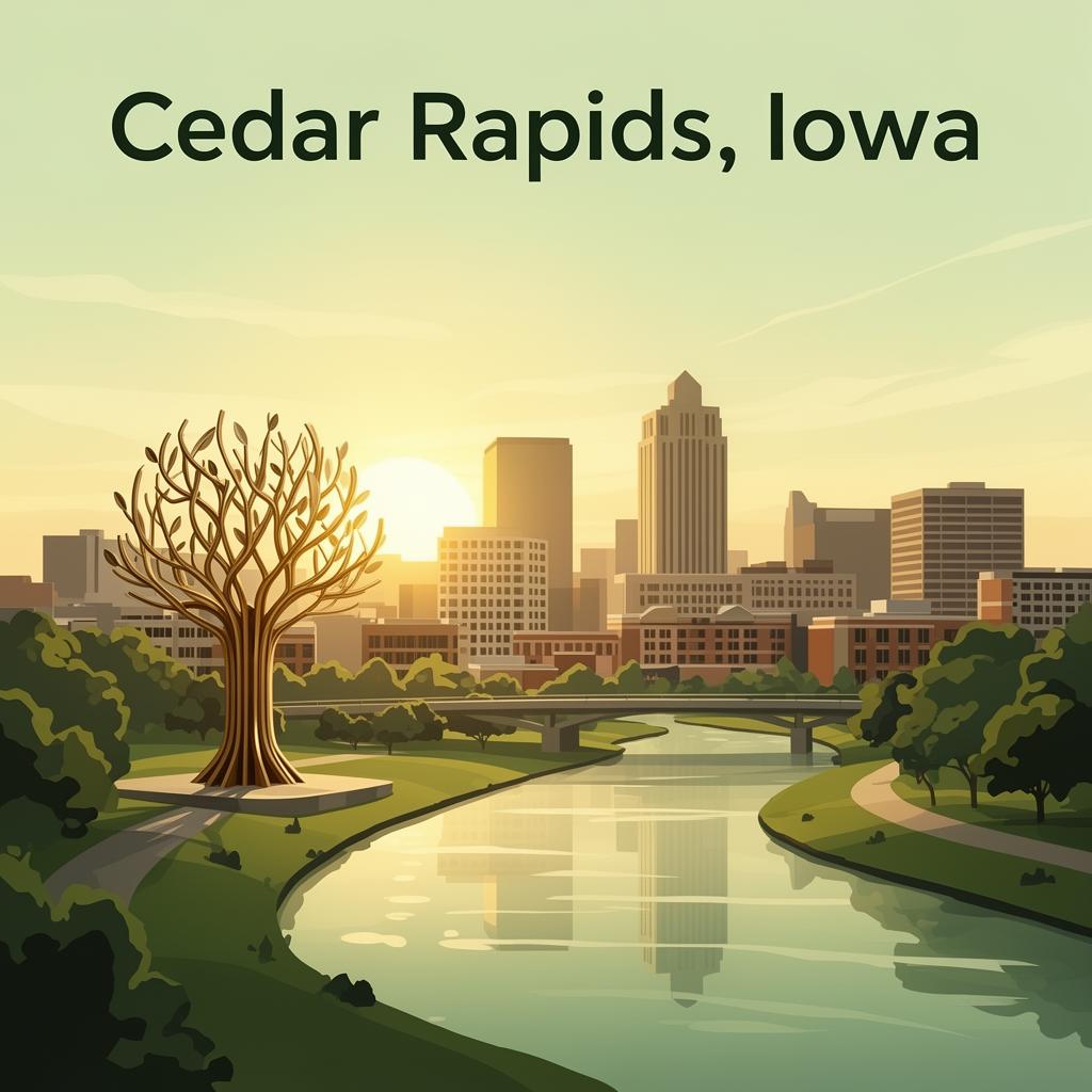 Cedar Rapids, Iowa skyline featuring the Tree of Five Seasons sculpture along the Cedar River at golden hour