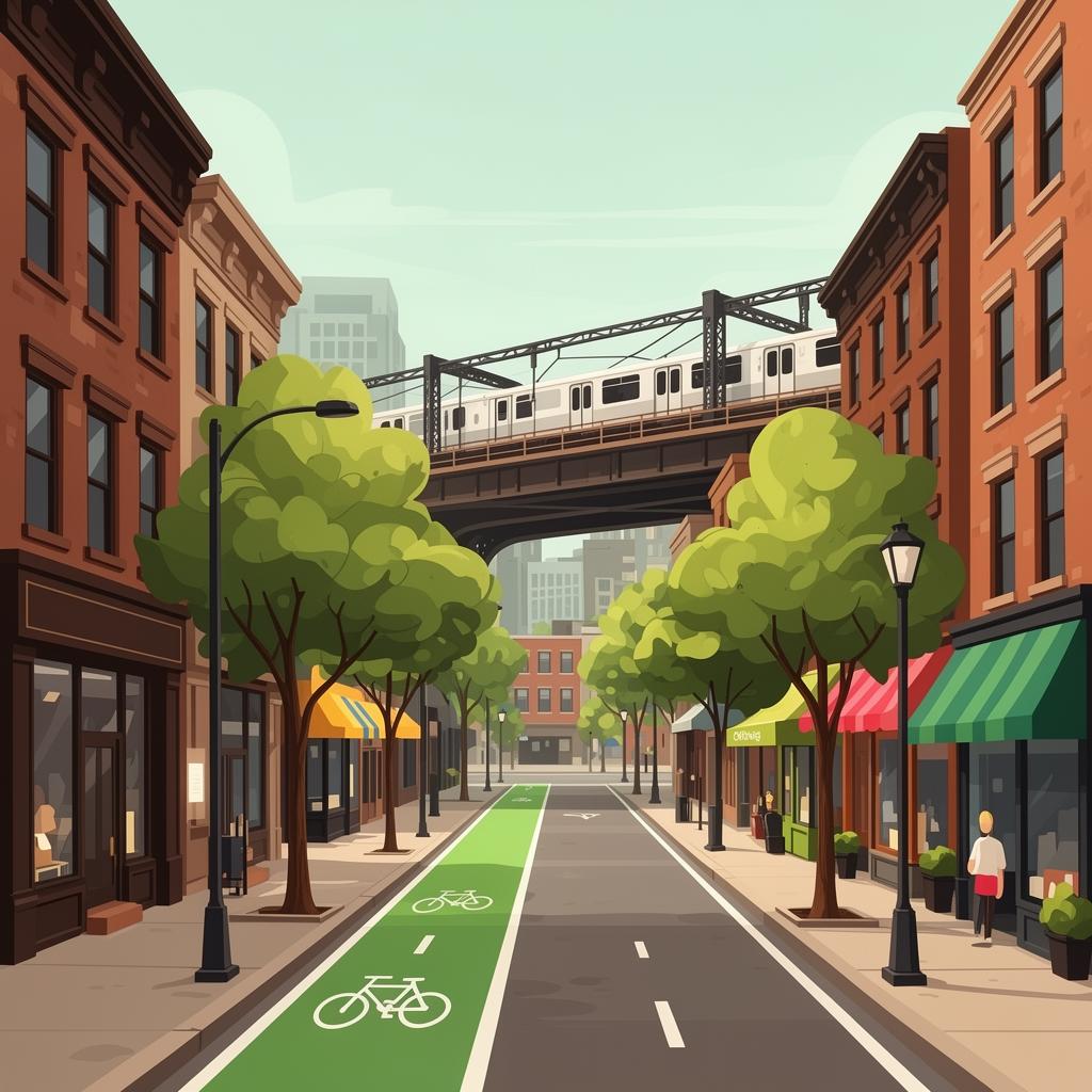 Vibrant Chicago neighborhood street scene with brownstones, local shops, and an L-train overhead