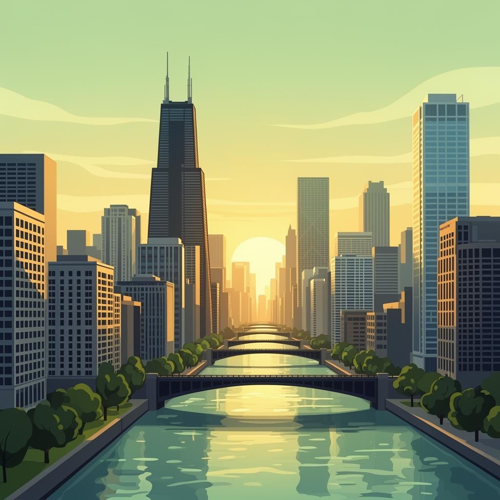 Chicago skyline at golden hour featuring iconic skyscrapers and the Chicago River