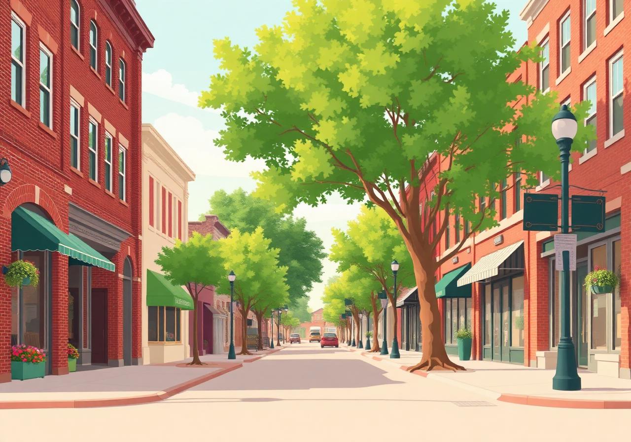 Friendly Council Bluffs main street with historic storefronts and leafy trees