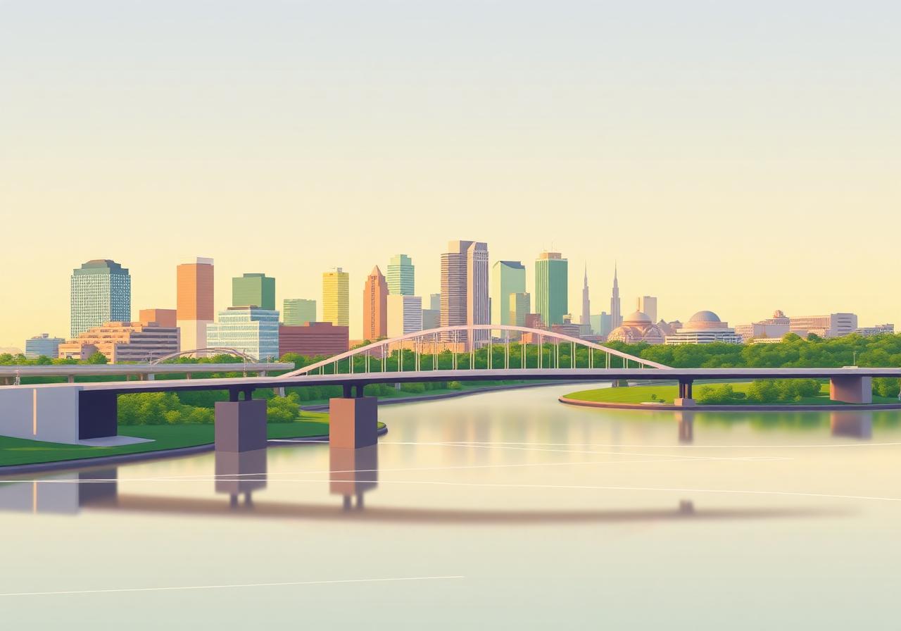 Council Bluffs view of the Bob Kerrey Pedestrian Bridge over the Missouri with Omaha skyline