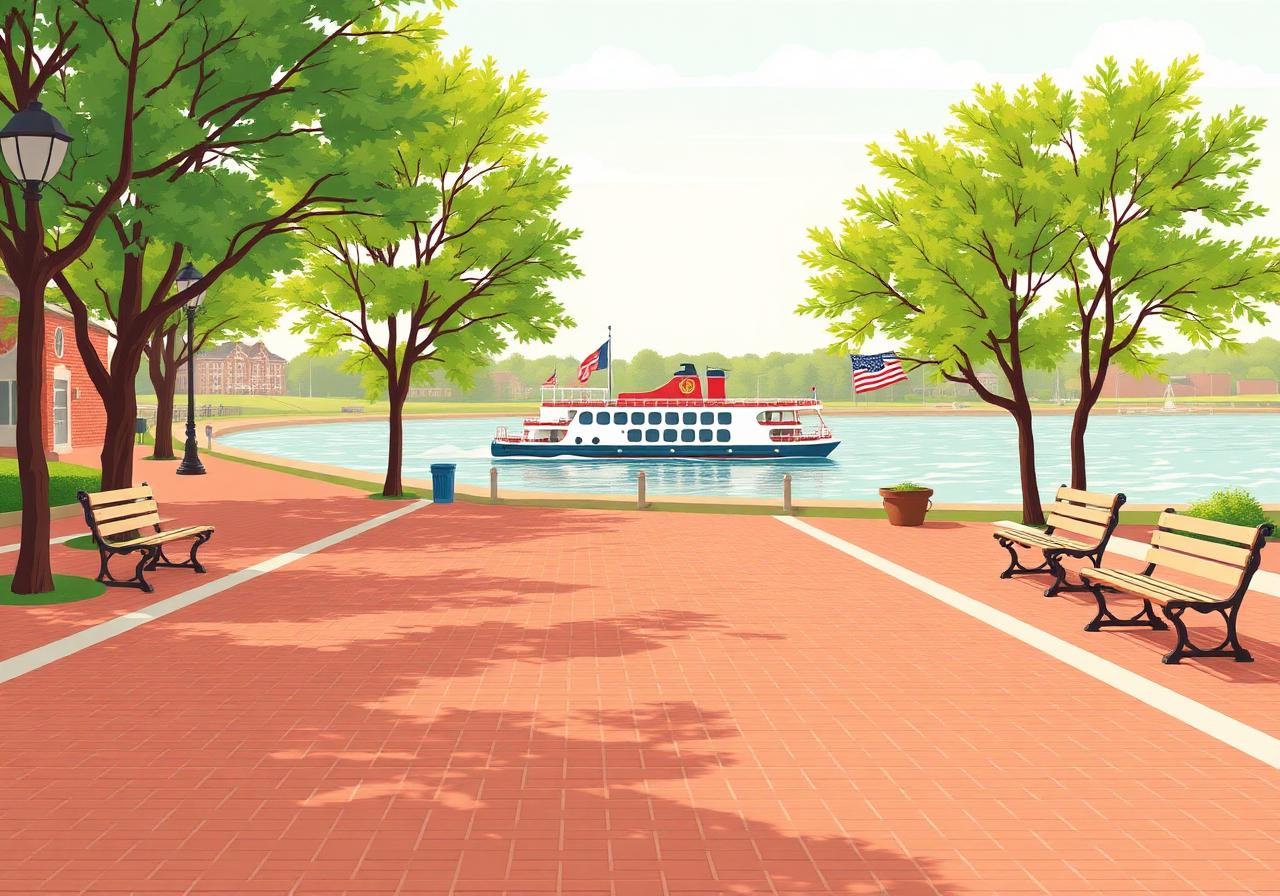 Quad Cities Mississippi riverfront with brick walkways and a riverboat