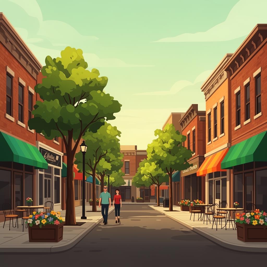 Charming Des Moines neighborhood street with brick storefronts, leafy trees, café tables, and flower planters