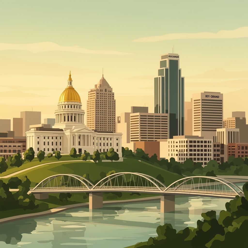 Des Moines skyline featuring the Iowa State Capitol gold dome and downtown high-rises along the Des Moines River