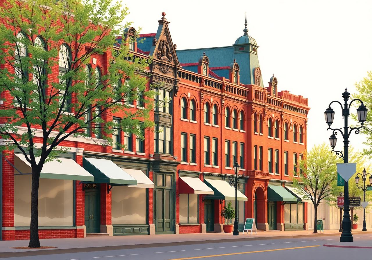 Historic Dubuque Iowa downtown brick streetscape with ornate Victorian-era storefronts