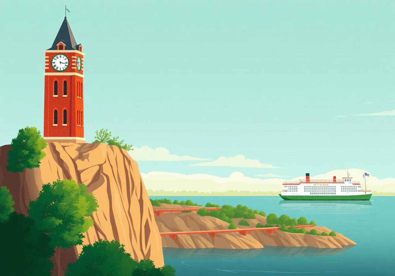 Historic Dubuque Iowa with red-brick clock tower on a tall river bluff overlooking the Mississippi