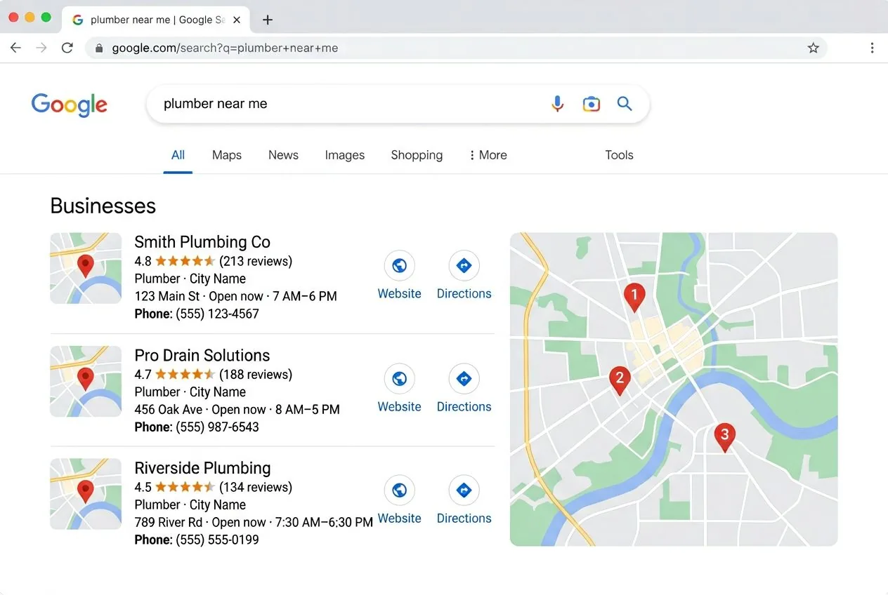 Example of a local business ranking #1 in Google Maps local 3-pack search results