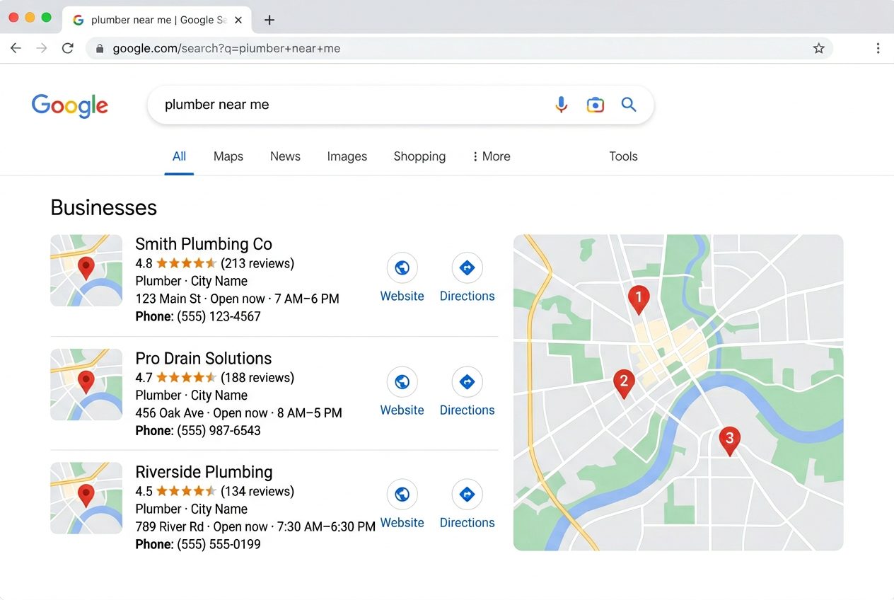 Example of a local business ranking #1 in Google Maps local 3-pack search results