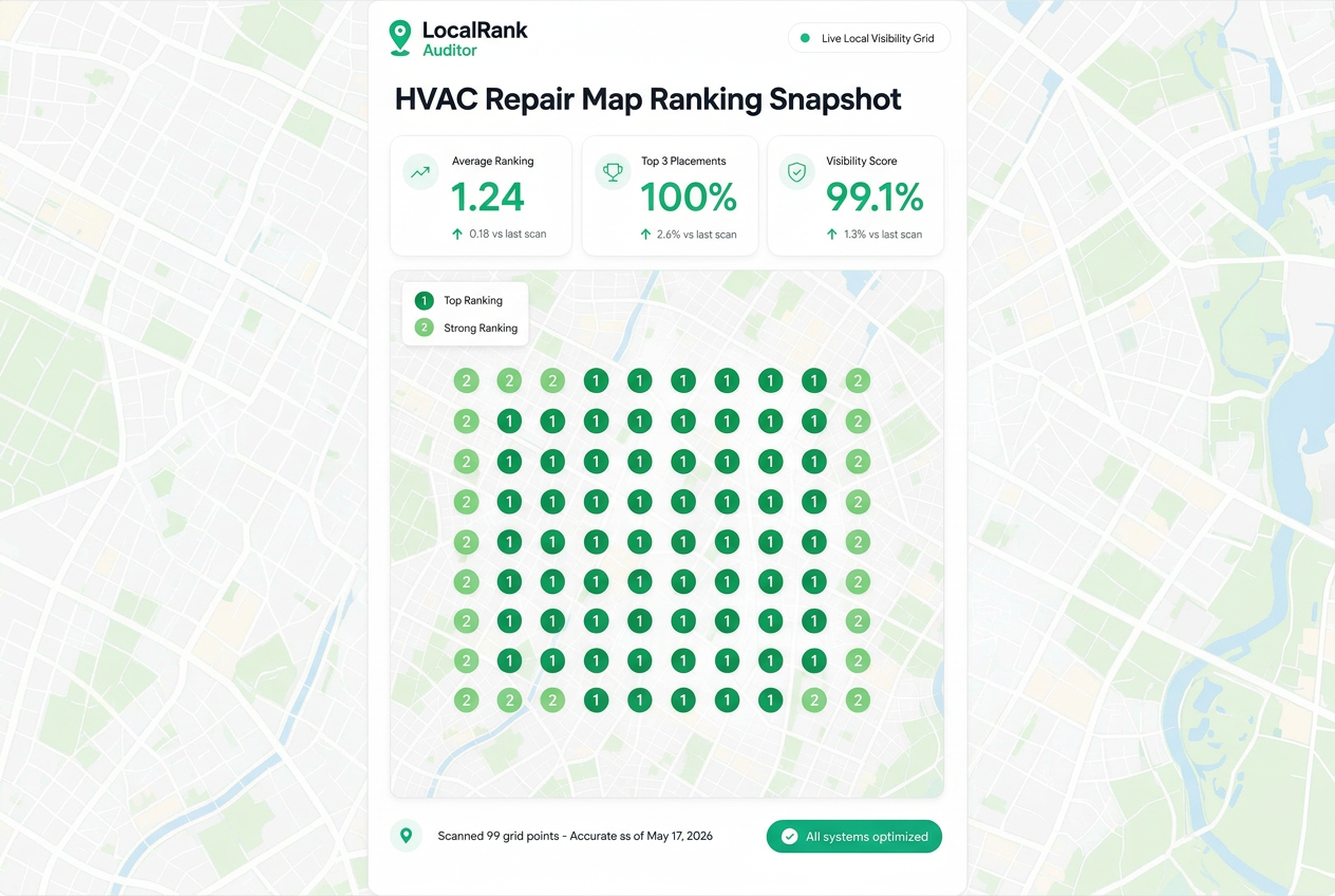 Example LocalRank Auditor visibility grid for a hvac repair business