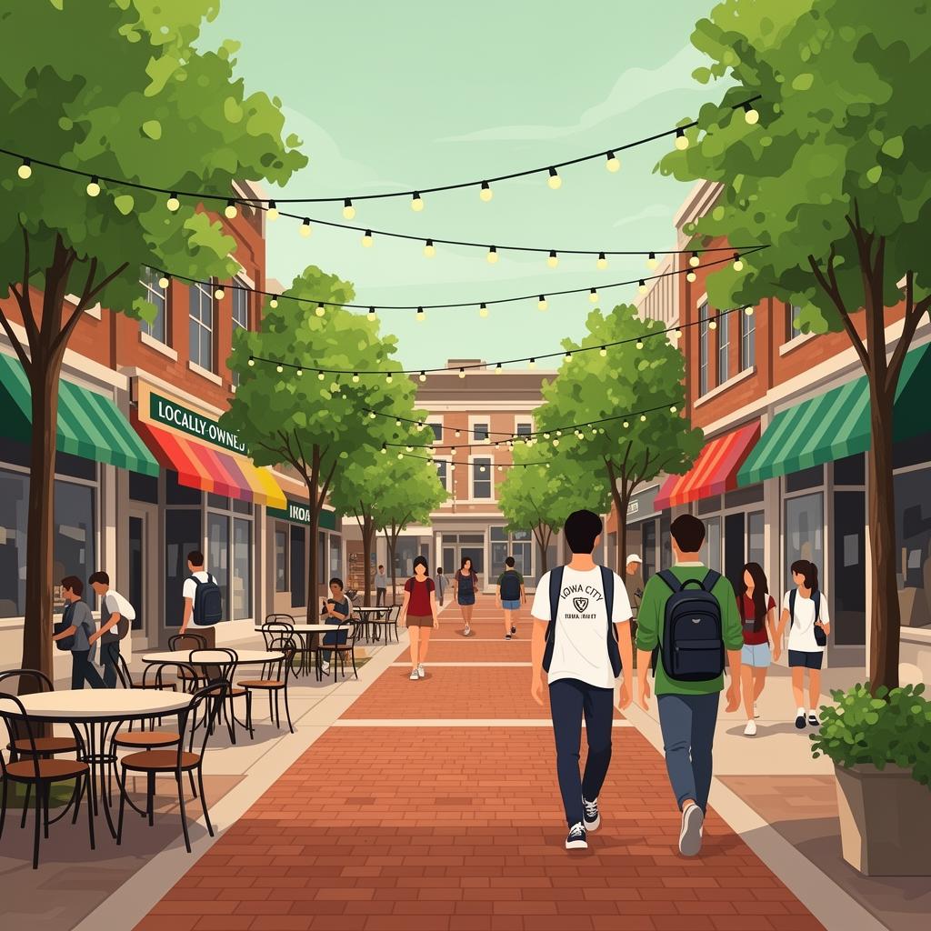 Lively downtown Iowa City Pedestrian Mall with brick walkways, leafy trees, café tables, and string lights