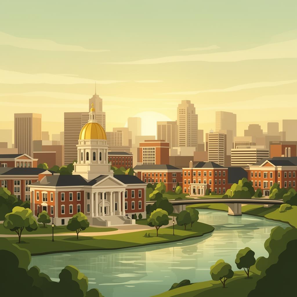 Iowa City skyline featuring the Old Capitol's gold dome and the University of Iowa campus along the Iowa River
