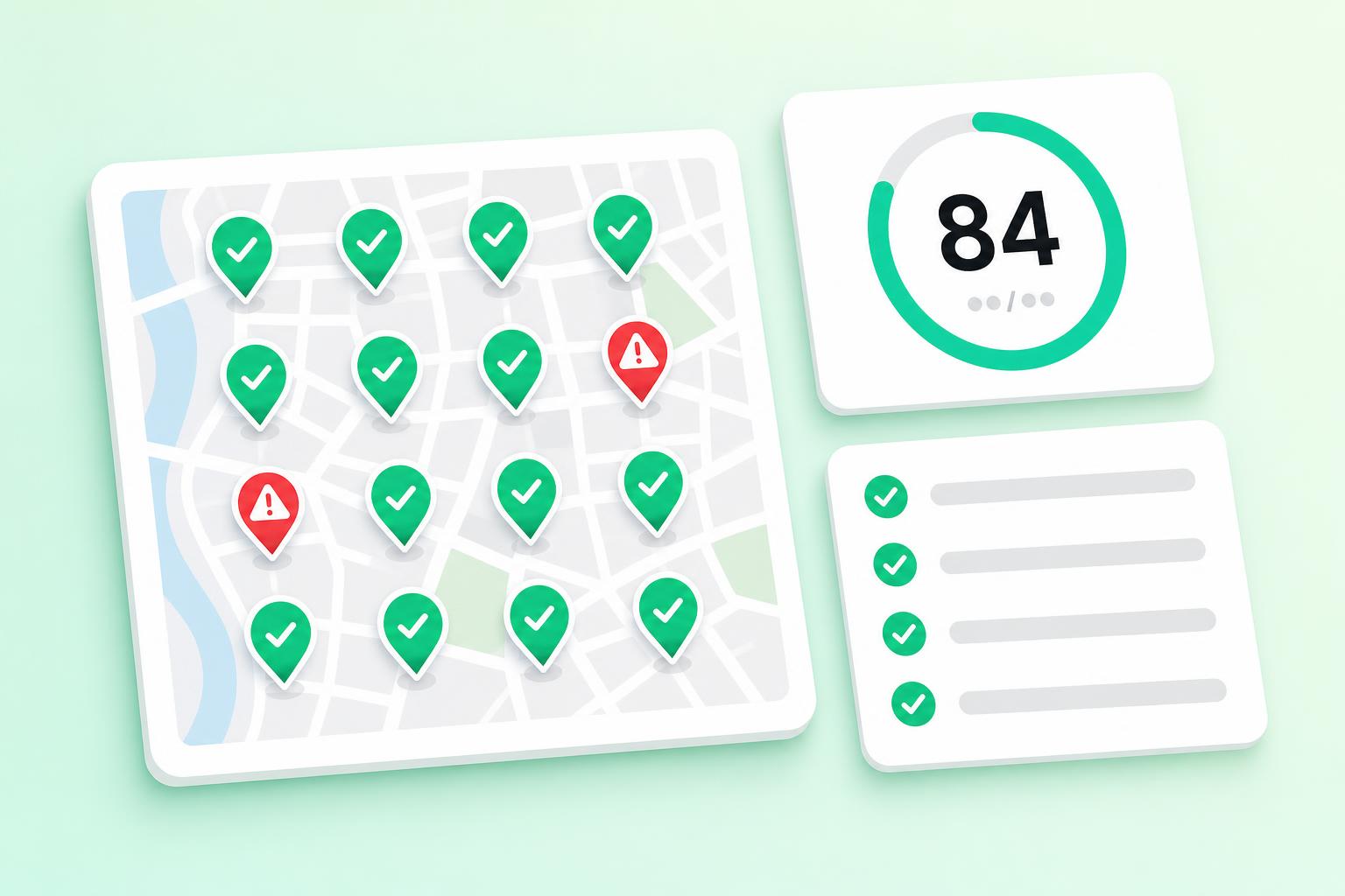 Local SEO audit dashboard preview showing map-pack ranking grid and GBP score
