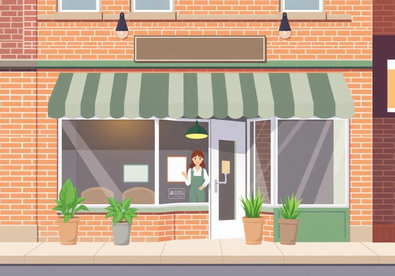Charming Marion Iowa local business storefront with brick exterior and green awning