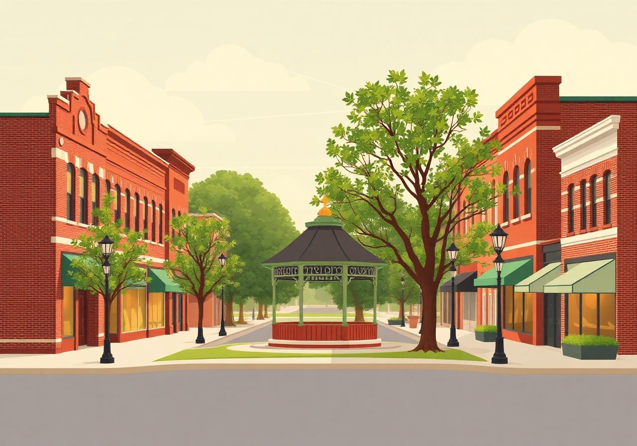 Uptown Marion Iowa with historic brick storefronts and central park gazebo
