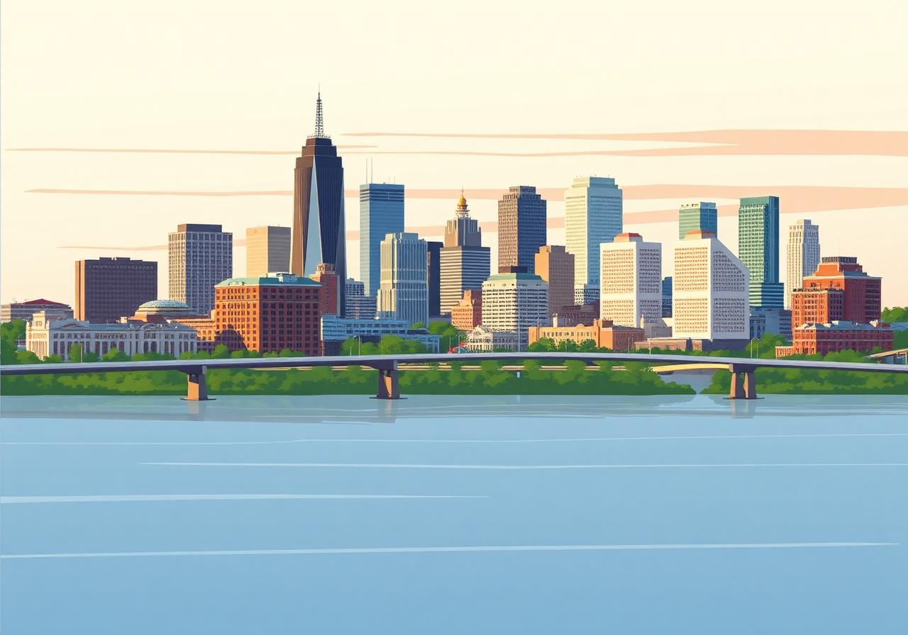 Quad Cities skyline of Moline and Rock Island along the Mississippi River