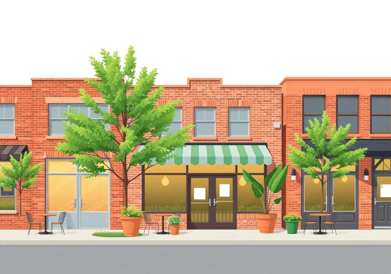 A Peoria Illinois warehouse-district storefront with brick buildings and café tables