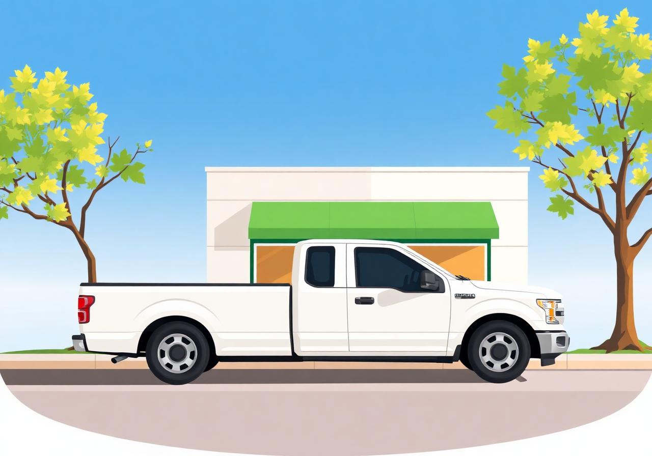 A small Iowa contractor truck parked outside a clean modern shop