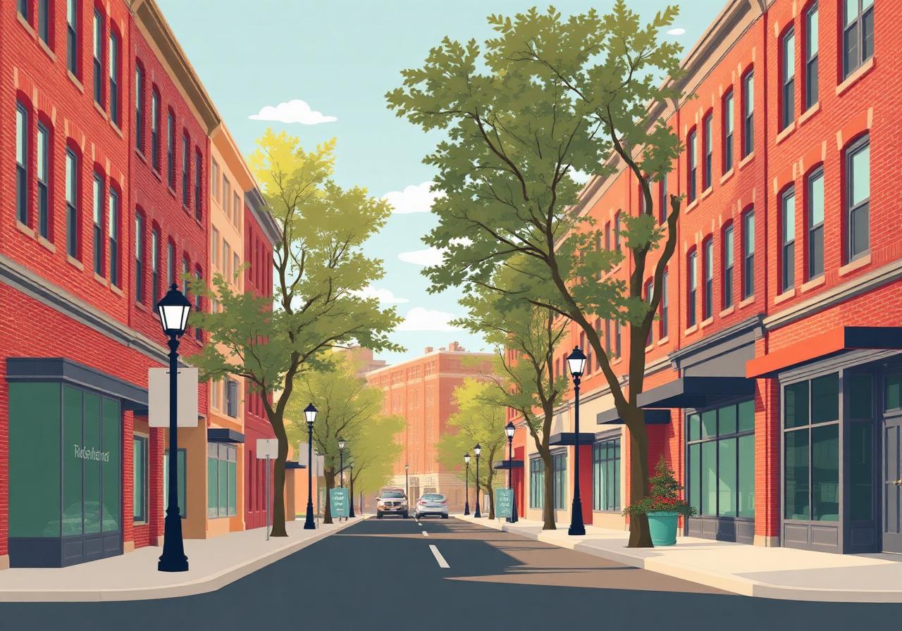 Charming Rockford Illinois neighborhood street with historic brick storefronts