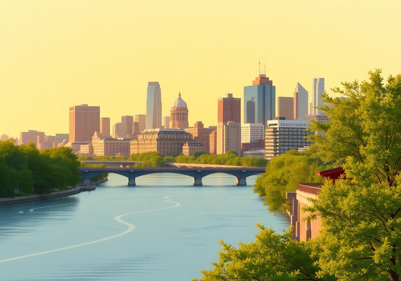 Rockford Illinois skyline along the Rock River at golden hour