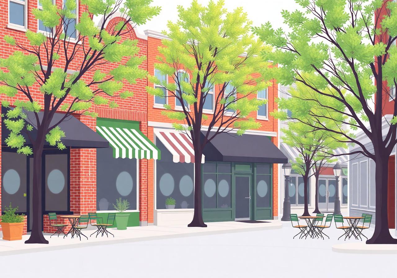 Charming downtown Sioux City street scene with brick storefronts and café tables