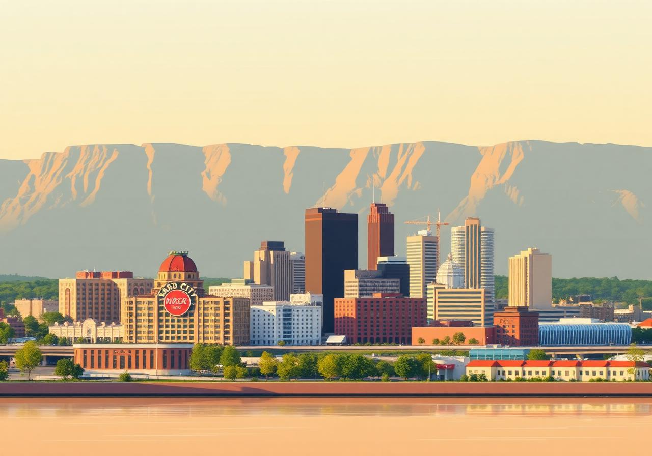 Sioux City, Iowa skyline along the Missouri River with bluffs in the background