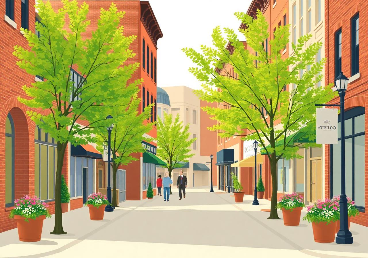 Charming downtown Waterloo street with historic brick buildings and leafy trees