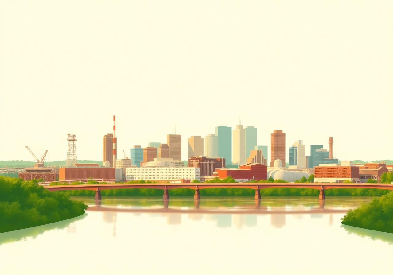 Waterloo, Iowa skyline along the Cedar River at golden hour