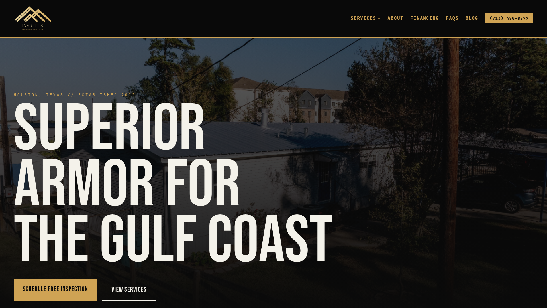 Invictus Exterior Construction homepage, Houston, Texas roofing contractor