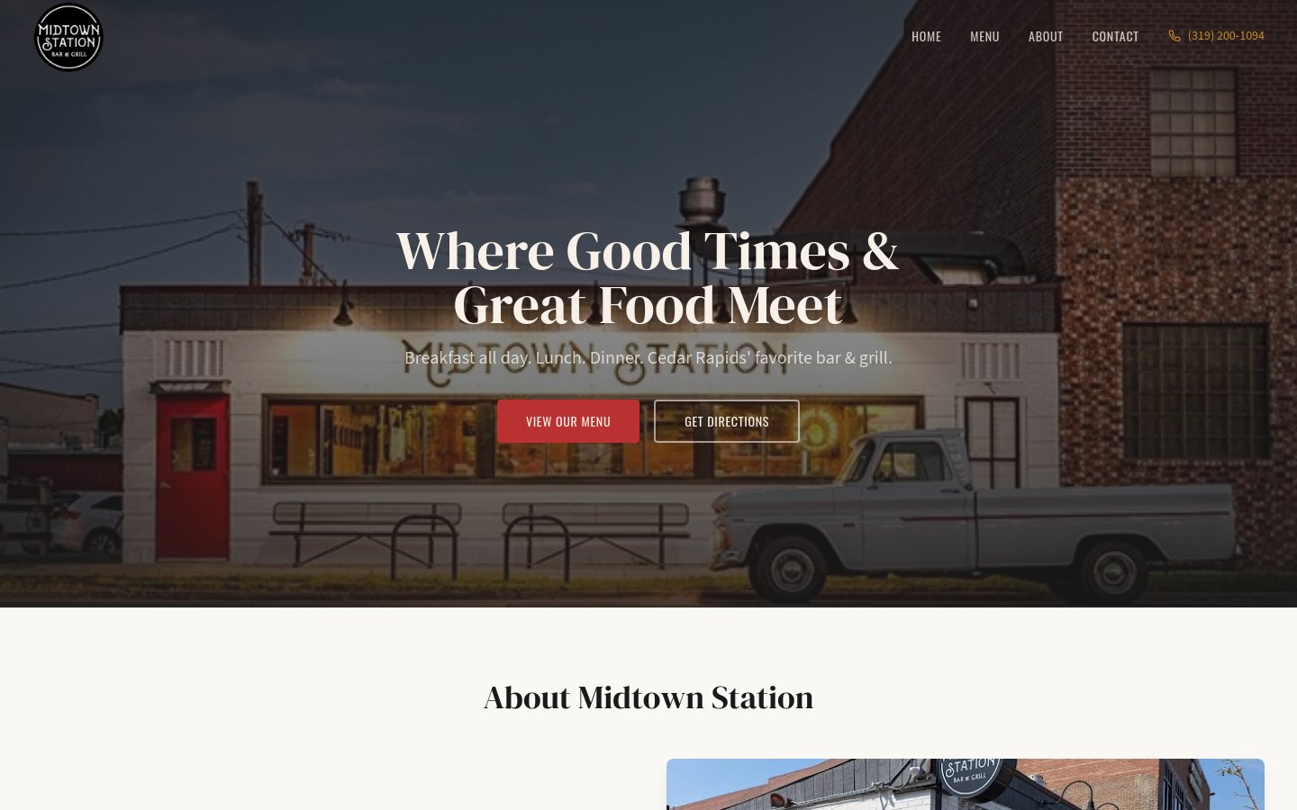 Midtown Station Bar & Grill website designed by Innovative Creative Agency featuring full-screen hero with warm industrial atmosphere